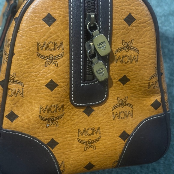 MCM Cognac Visetos Satchel with Dark Brown Trim and Orange Stripe - Picture 6 of 9